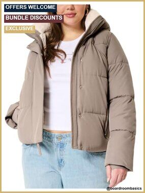 Womens Cropped Puffer Jacket Fur Lined Sherpa Fleece Winter Coat Hooded Quilted